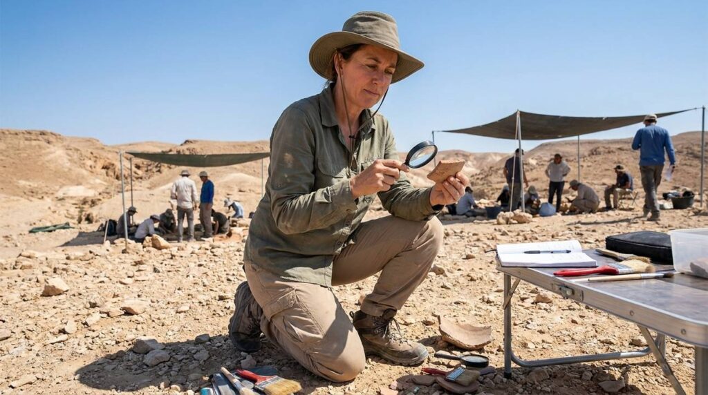Israeli archaeologist examines artifacts in Desert of Zin.
