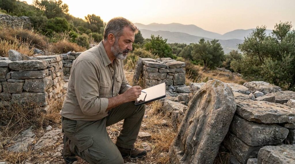 Israeli historian examines ancient ruins on Mount Amana with tablet.