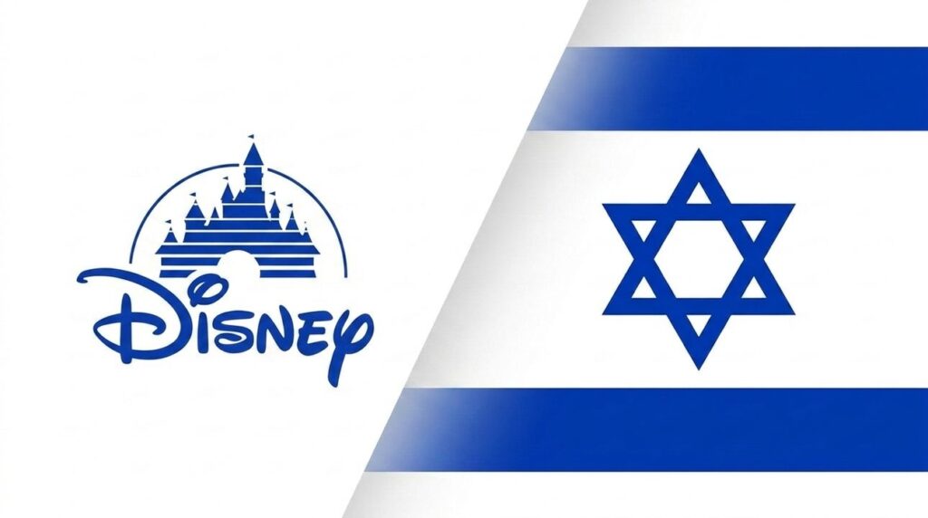 Disney logo merged with Israeli flag in a graphic layout.