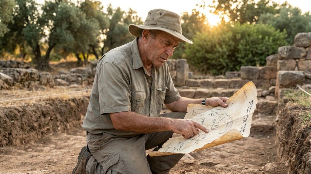 Israeli archaeologist examines ancient map at Tel Dan excavation site.