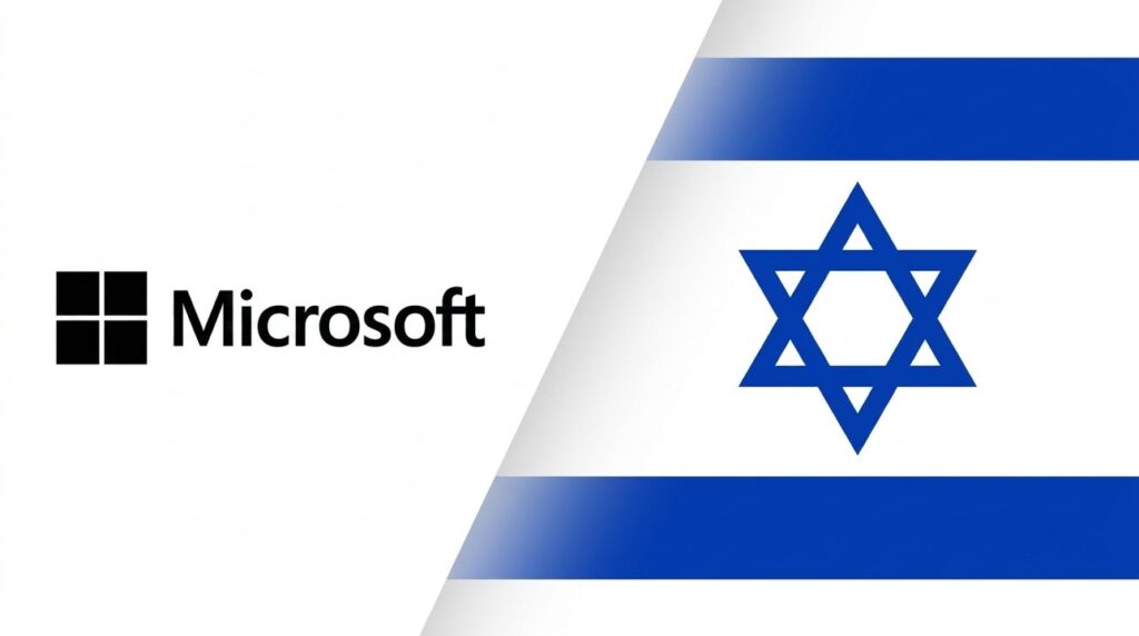 Microsoft logo merged with Israeli flag in a graphic layout.