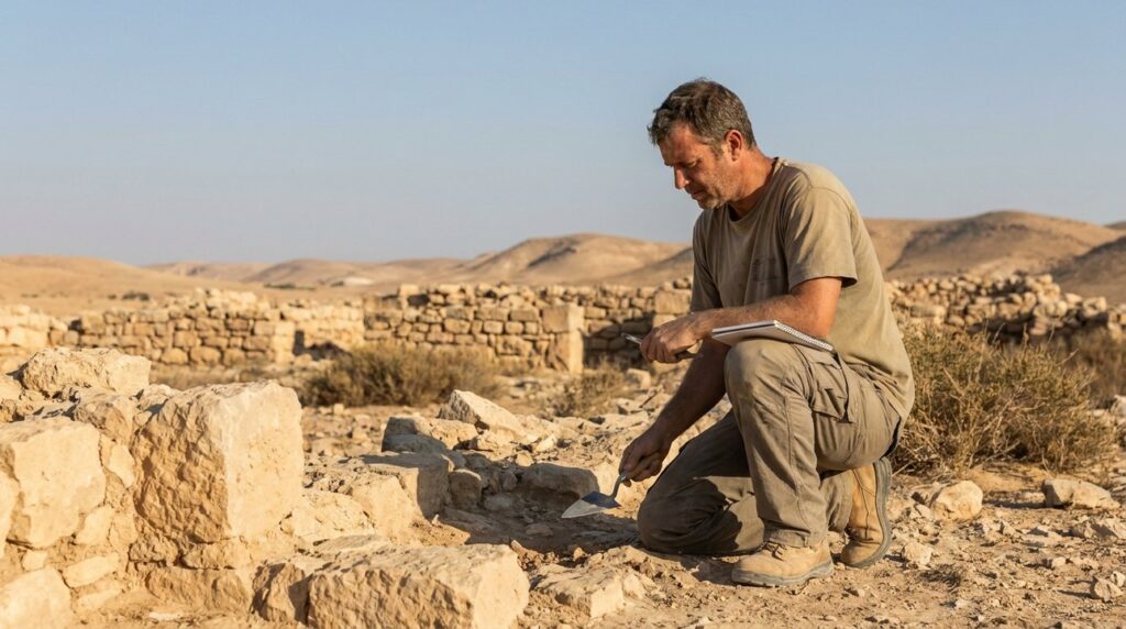 Archaeologist examines ancient ruins in desert at Aenon near Salim.