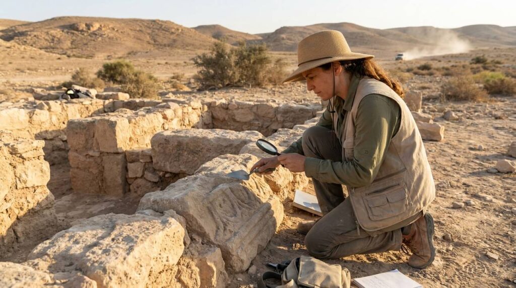 Israeli archaeologist examines ancient ruins in Akrabbim's arid landscape.