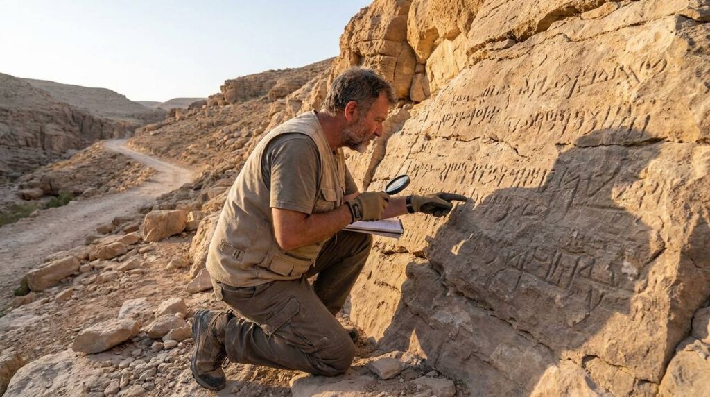 Israeli archaeologist examines ancient carvings at Pass of Ziz.