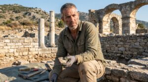 Israeli archaeologist examines pottery at Philippi ruins with tools nearby.