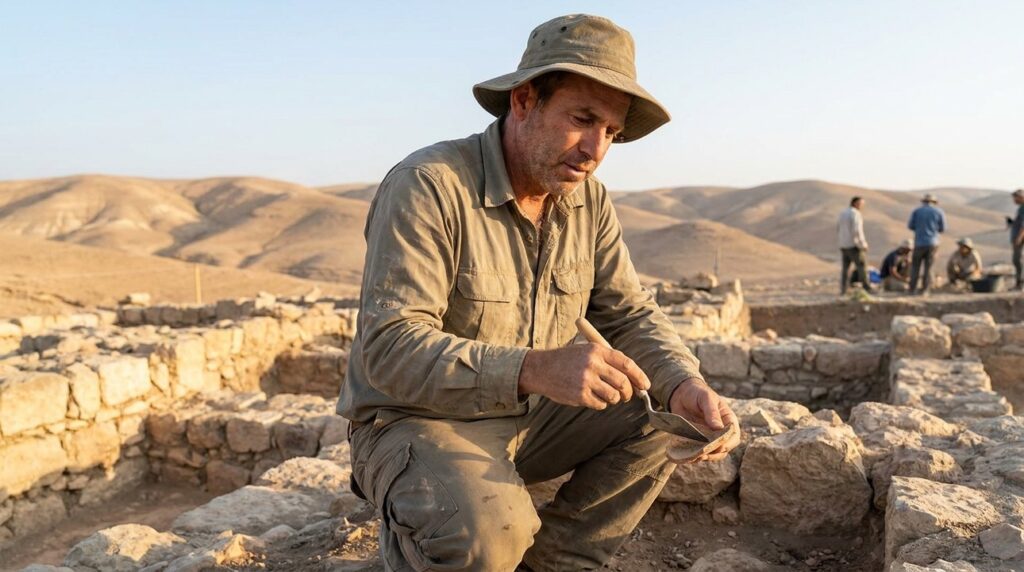 Israeli archaeologist examines ancient ruins at Beth Car with tools.