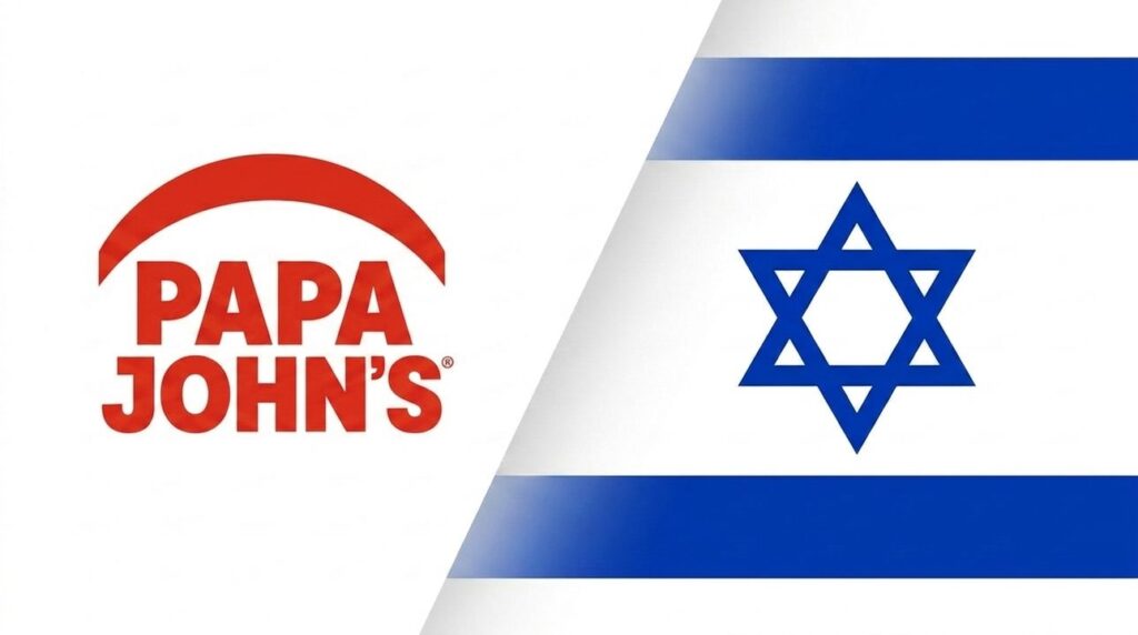 Papa John's logo combined with the Israeli flag in background.