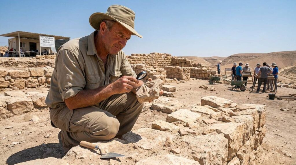 Israeli archaeologist examines ancient ruins in Ophrah under clear sky.