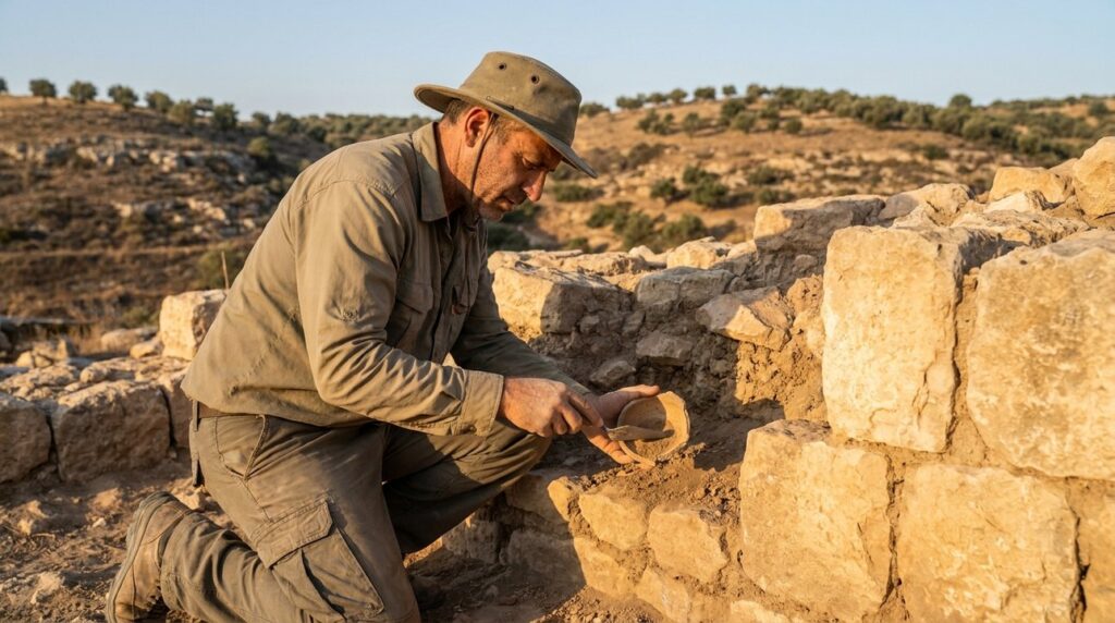 Israeli archaeologist examines ancient ruins in Moresheth in morning sunlight.