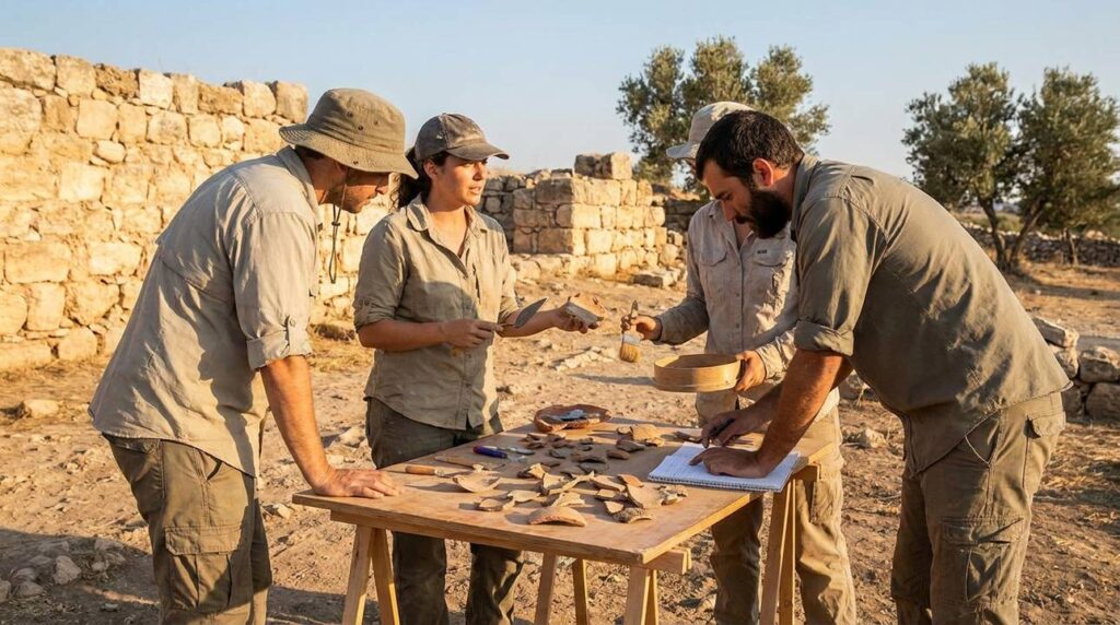 Israeli archaeologists examining artifacts at Giloh archaeological site.