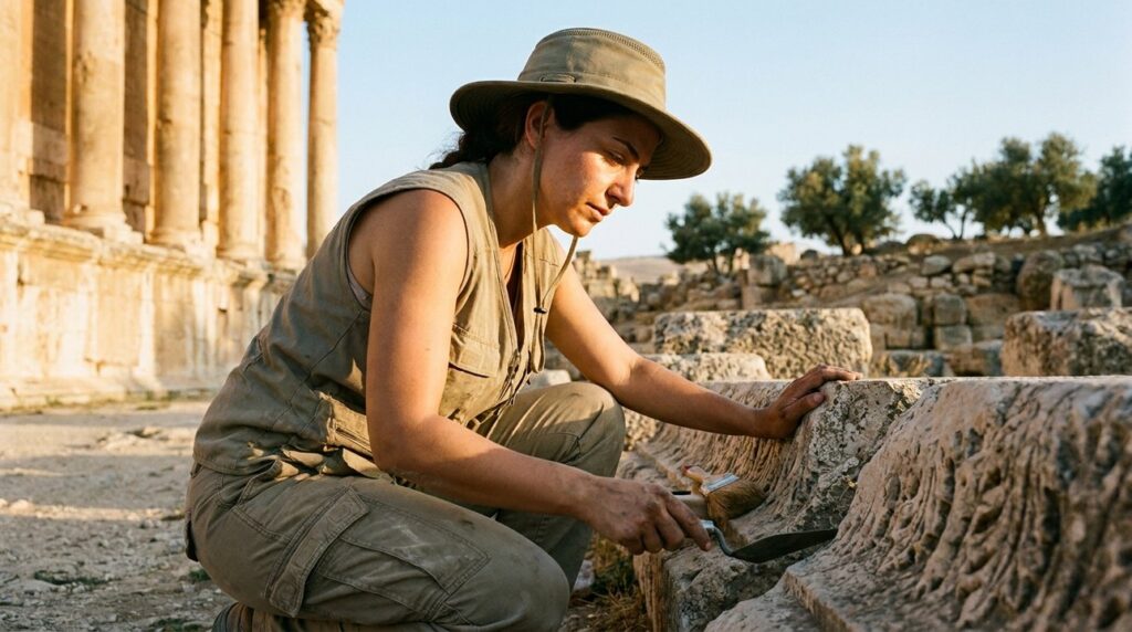 Archeologist in field attire examining stone ruins in Lebanon.