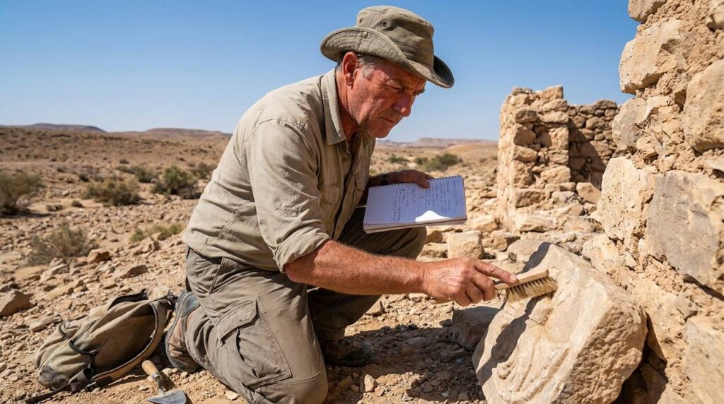 Israeli archaeologist examines ancient ruins near the Brook of Egypt.