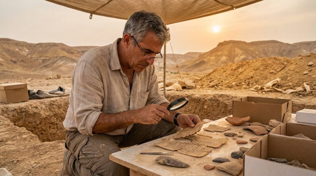 Israeli historian examining manuscripts at Negev desert archaeological site.