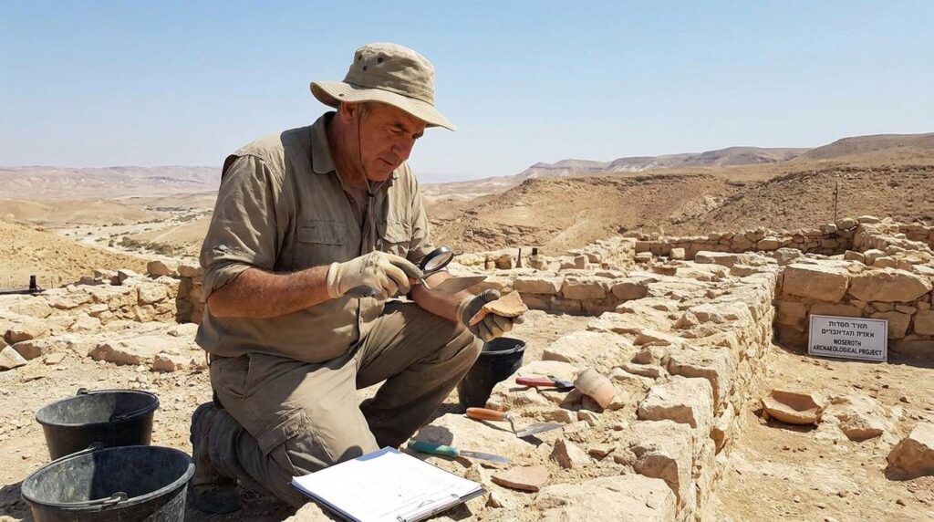 Israeli archaeologist examines ruins at Moseroth, surrounded by excavation tools.