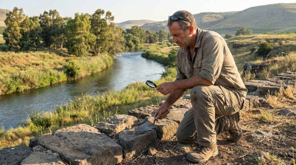 Israeli archaeologist examines ancient ruins by Gozan River in morning light.