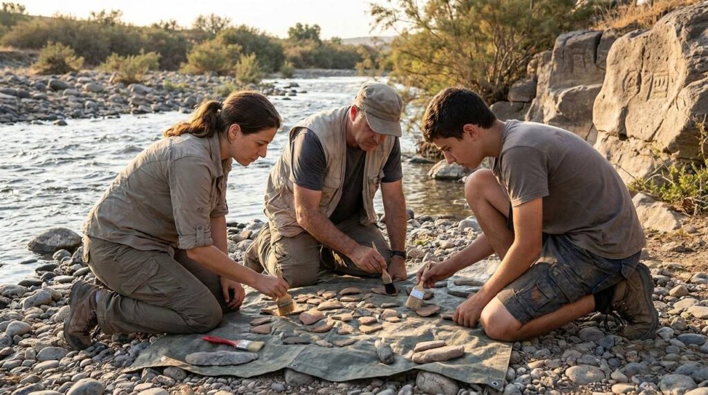 Three Israeli archaeologists examine artifacts by the Gozan riverside.