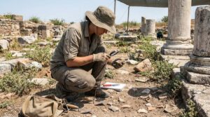 Archaeologist examining ancient ruins at Thyatira in bright sunlight.