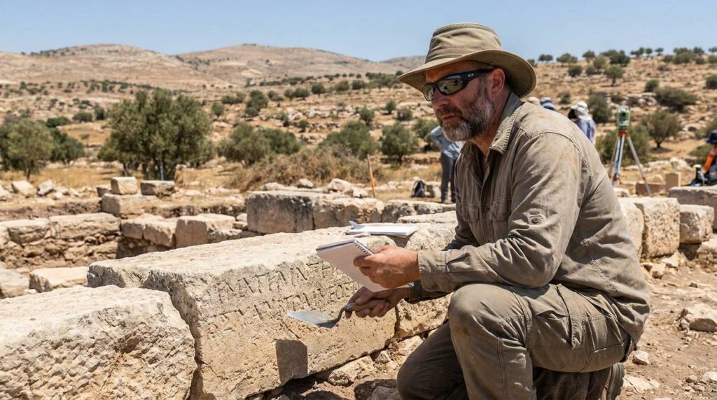 Archaeologist examining ancient ruins in Iturea under bright sunlight.