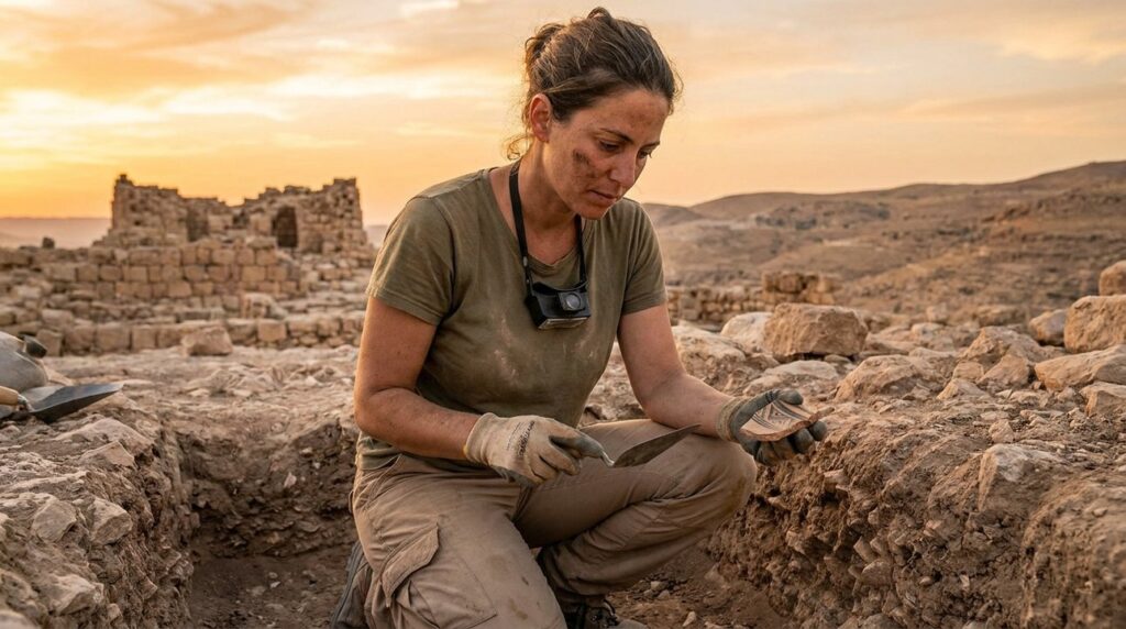 Israeli archaeologist examines pottery shards at Kir Hareseth in evening light.
