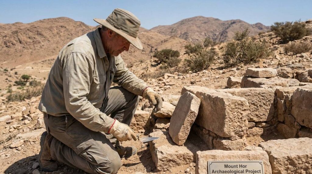 Israeli archaeologist examines ancient ruins at Mount Hor in Negev Desert.