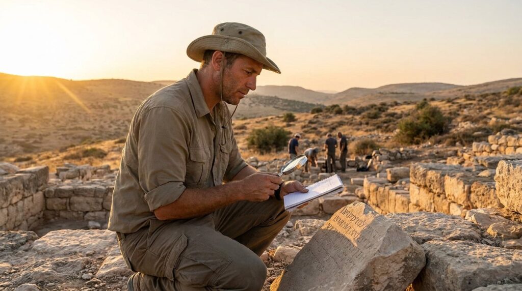 Israeli archaeologist examines ancient ruins in Gilead at sunset.