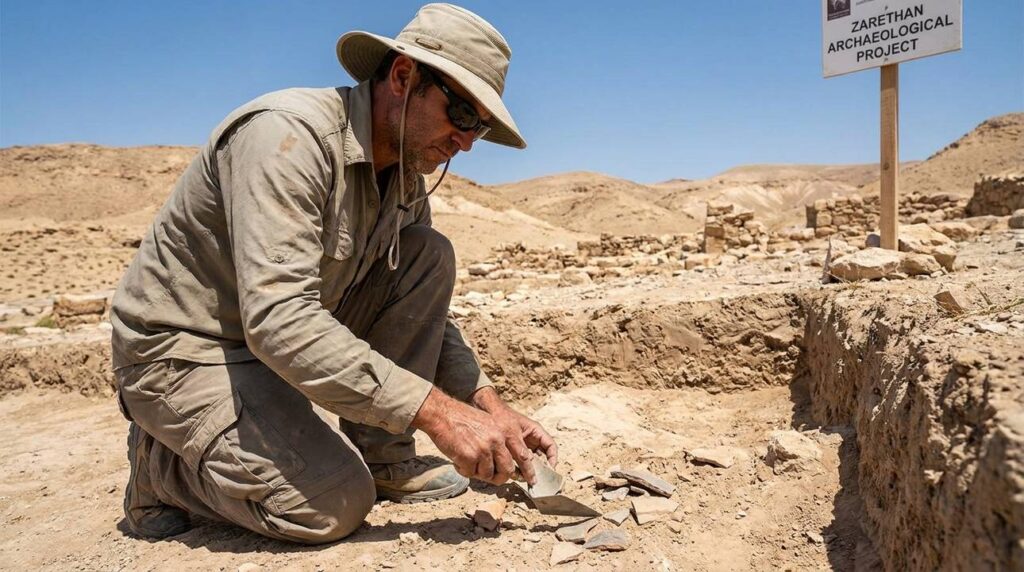 Archaeologist examining artifacts at Zarethan excavation site in desert landscape.