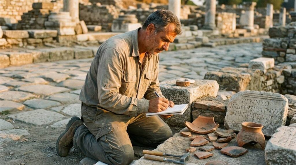 Archaeologist examines artifacts at Thessalonica site in evening light.