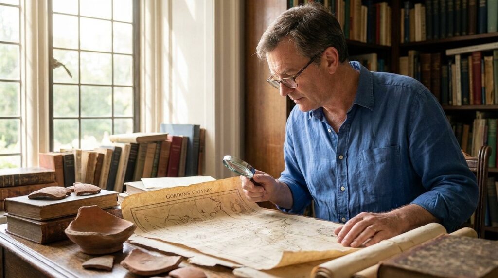 Historian examines ancient map in study, surrounded by archaeological books.