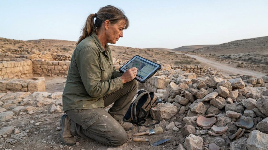 Israeli archeologist examining ruins with tablet in Northern Israel landscape.