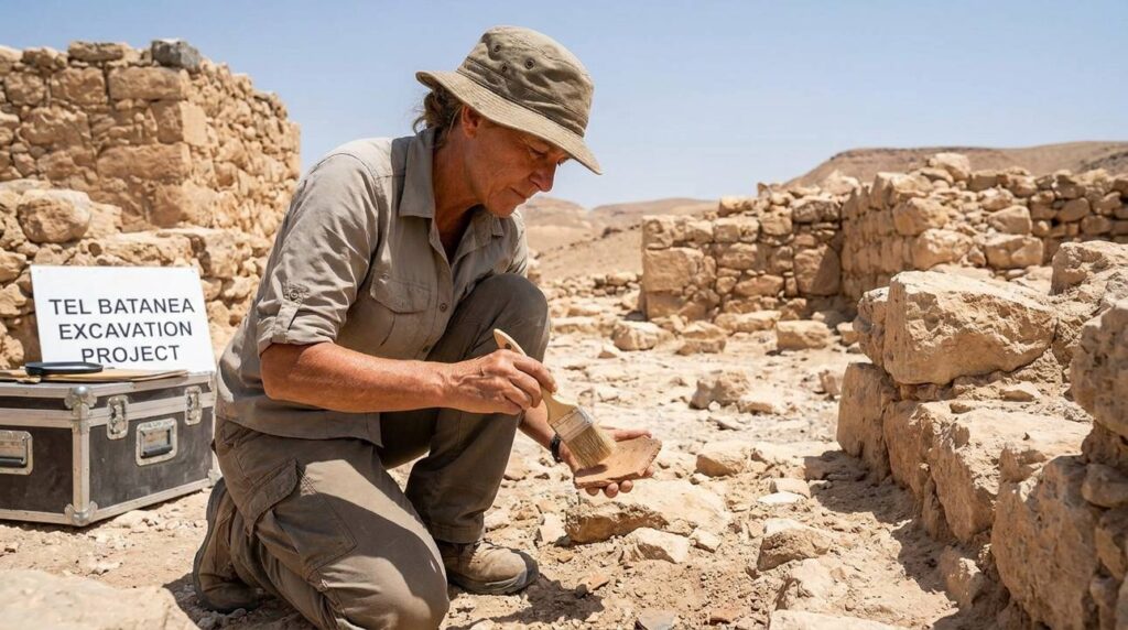 Israeli archaeologist examines ancient ruins in Batanea desert landscape.