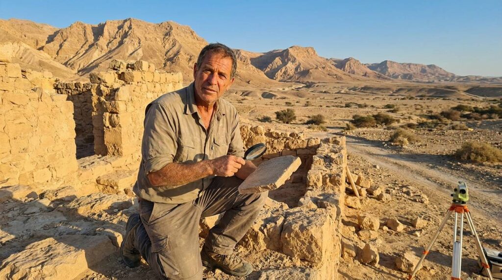 Israeli archaeologist examines ancient ruins in Edom under late afternoon light.