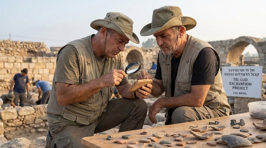 Middle-aged Israeli archaeologist examining artifacts at Lud archaeological site.