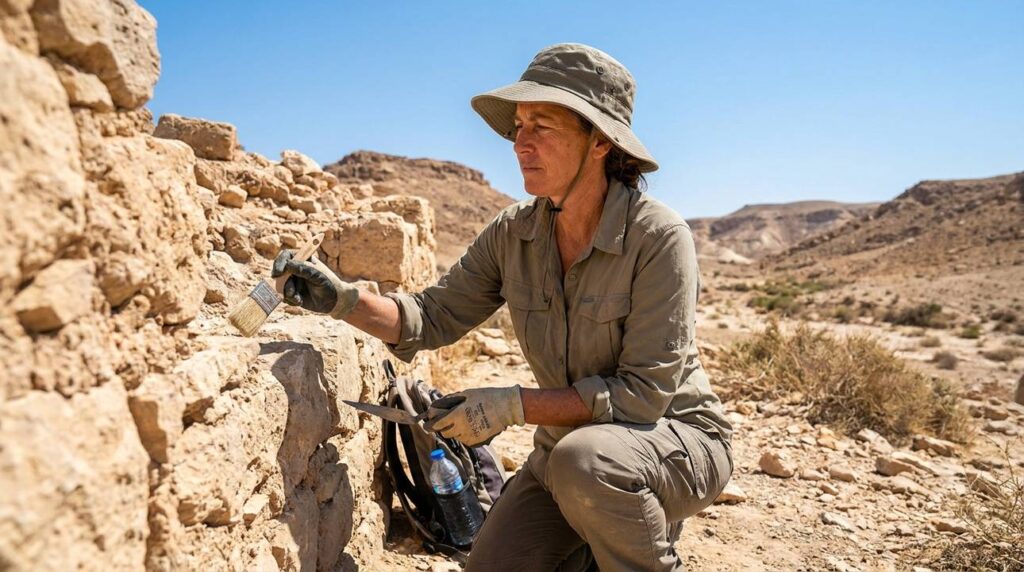 Israeli archaeologist examining ancient ruins in Negev Desert.
