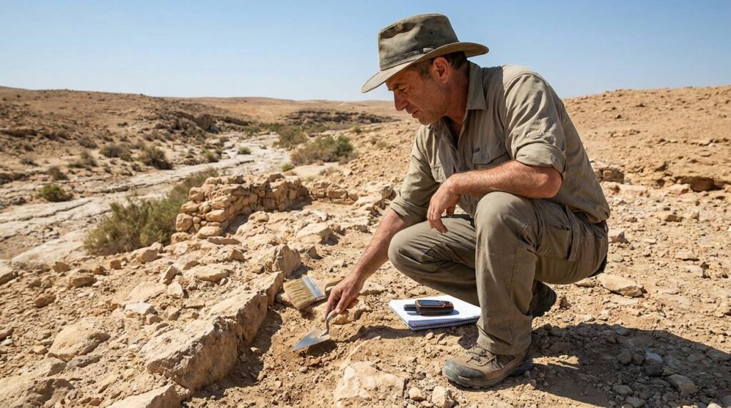 Israeli archaeologist examines ancient ruins in Negev desert.