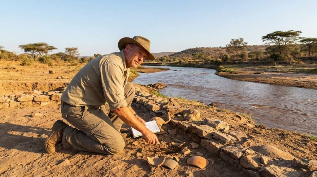 Archaeologist examining ancient ruins by Chebar River in late afternoon.
