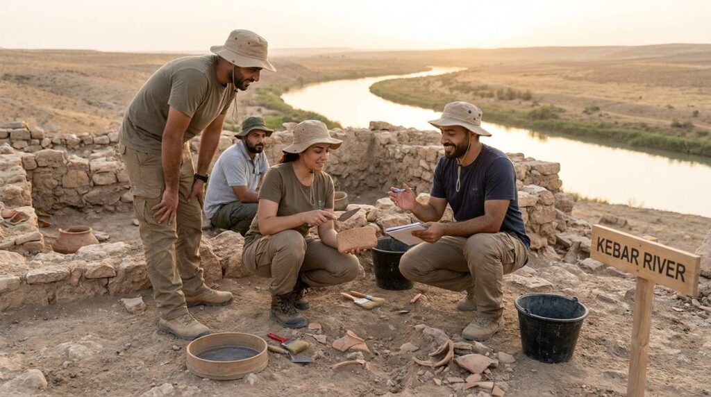 Archaeologists discussing findings at ancient ruins by Kebar River.