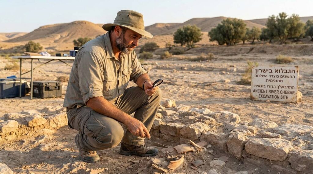 Israeli archaeologist examines ancient ruins by a dry riverbed.