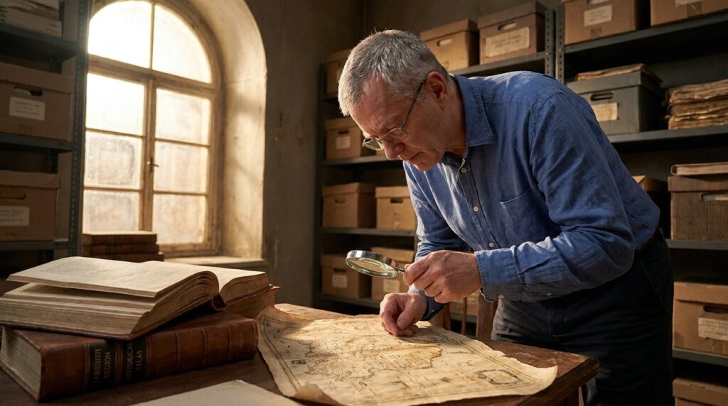 Israeli historian examining ancient maps in a dim archive room.