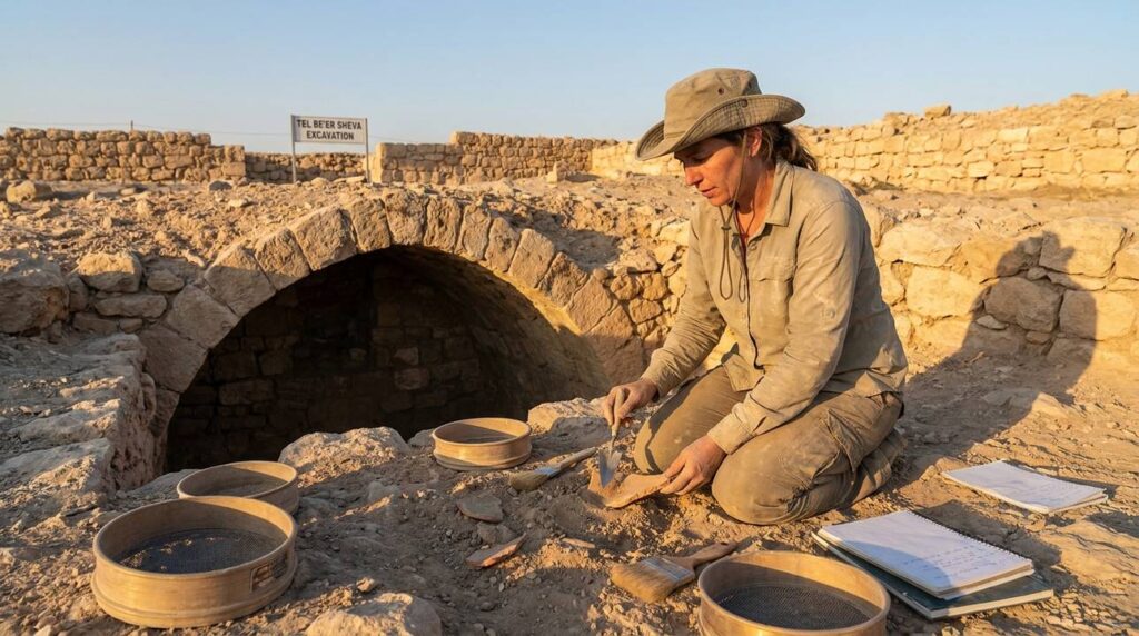 Archaeologist examines ancient ruins in the Negev desert at sunset.