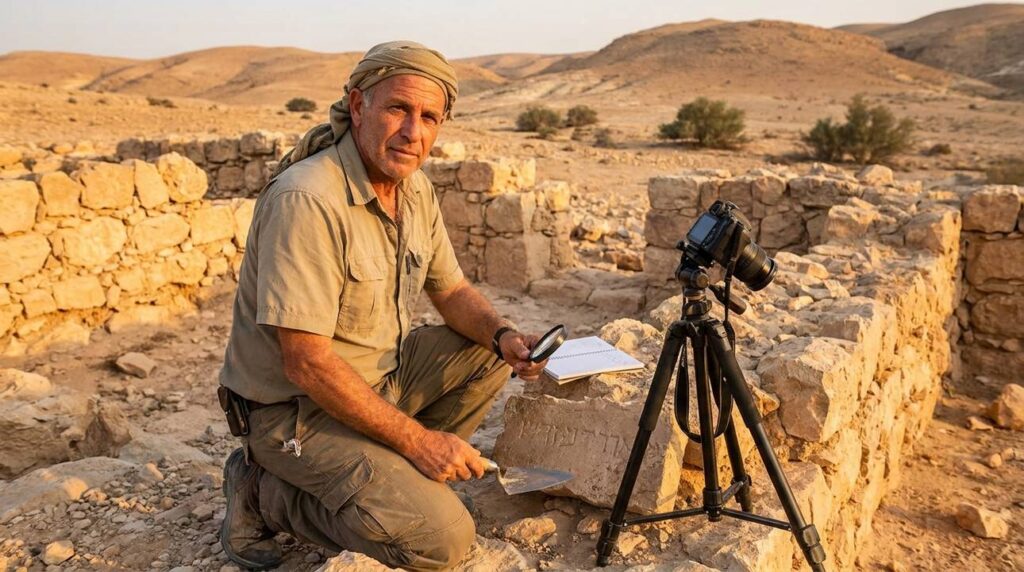 Israeli archaeologist examining ancient ruins in the Negev Desert.