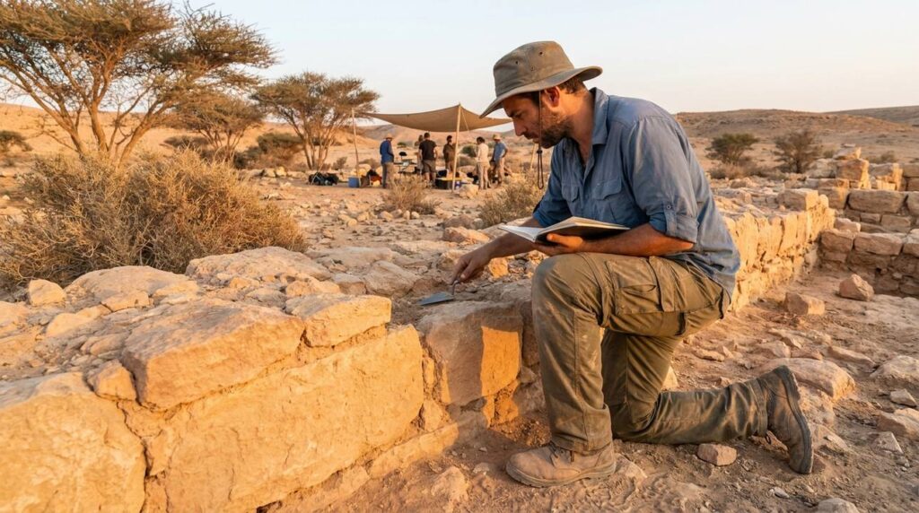 Israeli archaeologist examining ancient ruins in Negev desert at sunset.