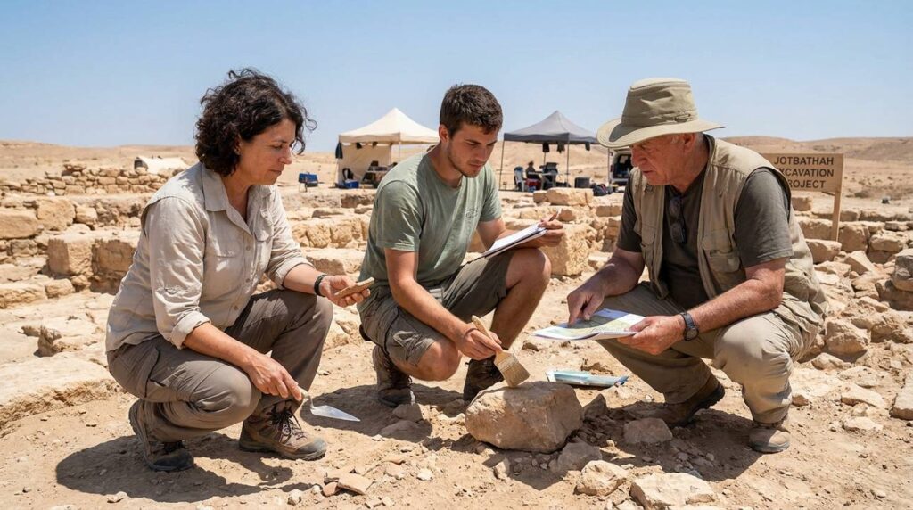 Archaeologists examining ancient ruins in Negev desert at Jotbathah.