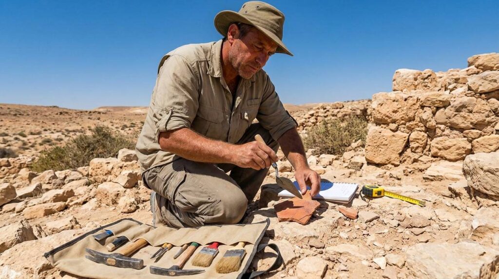 Archaeologist examining ancient ruins and pottery in Negev desert.