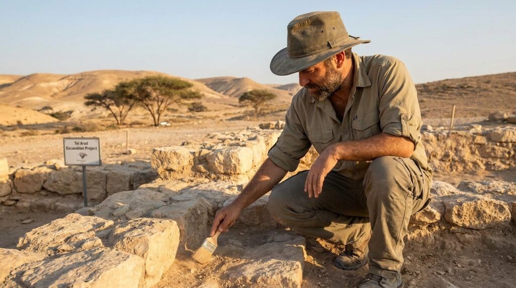 Israeli archeologist examining ancient ruins in the Negev desert.