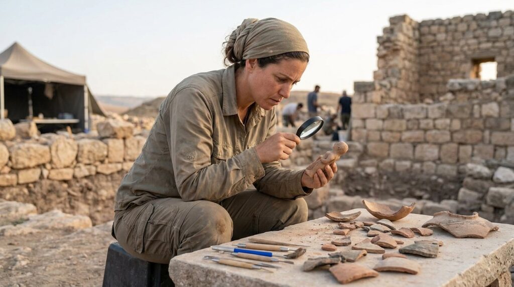 Israeli archaeologist examines artifacts at a historical site in Israel.