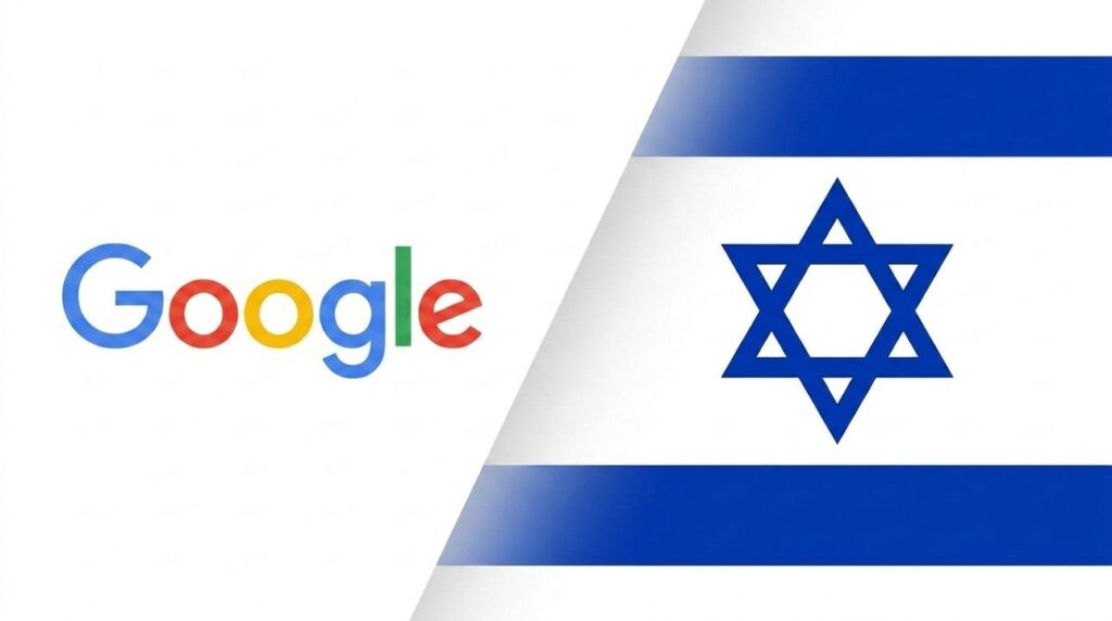 Google logo merged with the design of the Israeli flag.