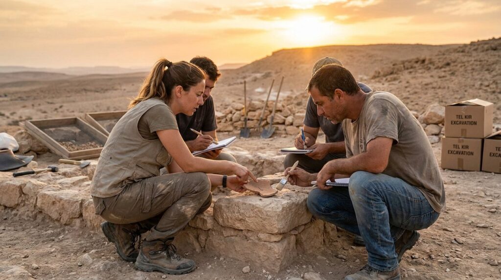 Israeli archaeologists examine ancient ruins at Kir in evening light.