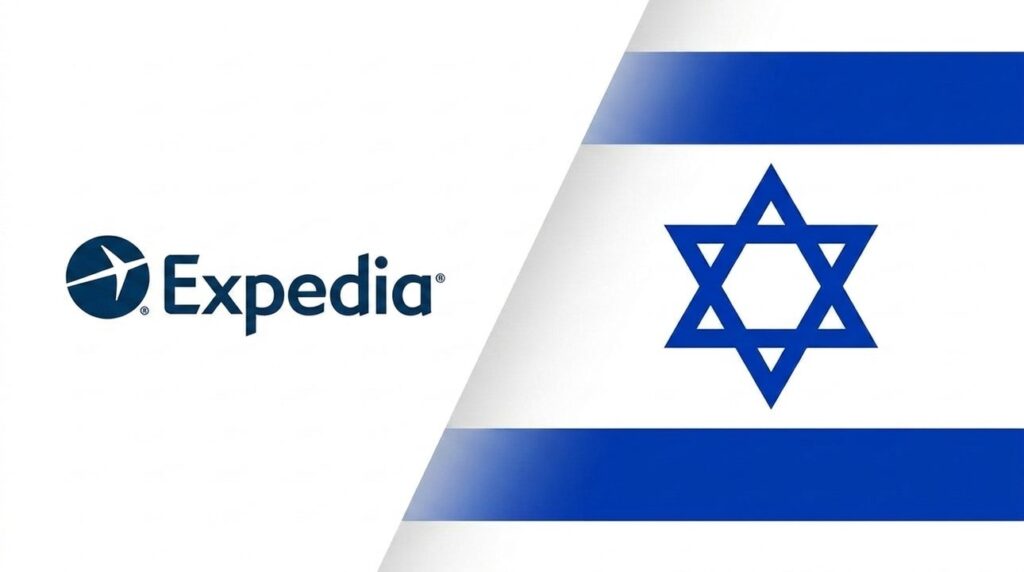 Expedia logo integrated with the Israeli flag in a graphic layout.