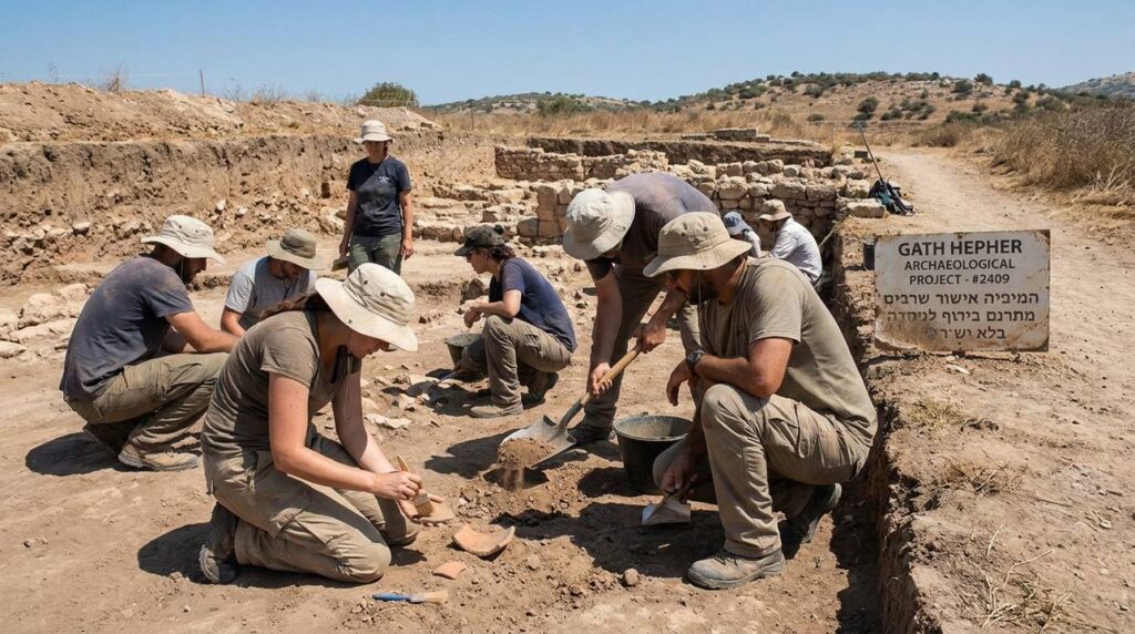 Archaeologists excavating Gath Hepher, examining artifacts, rugged landscape background.