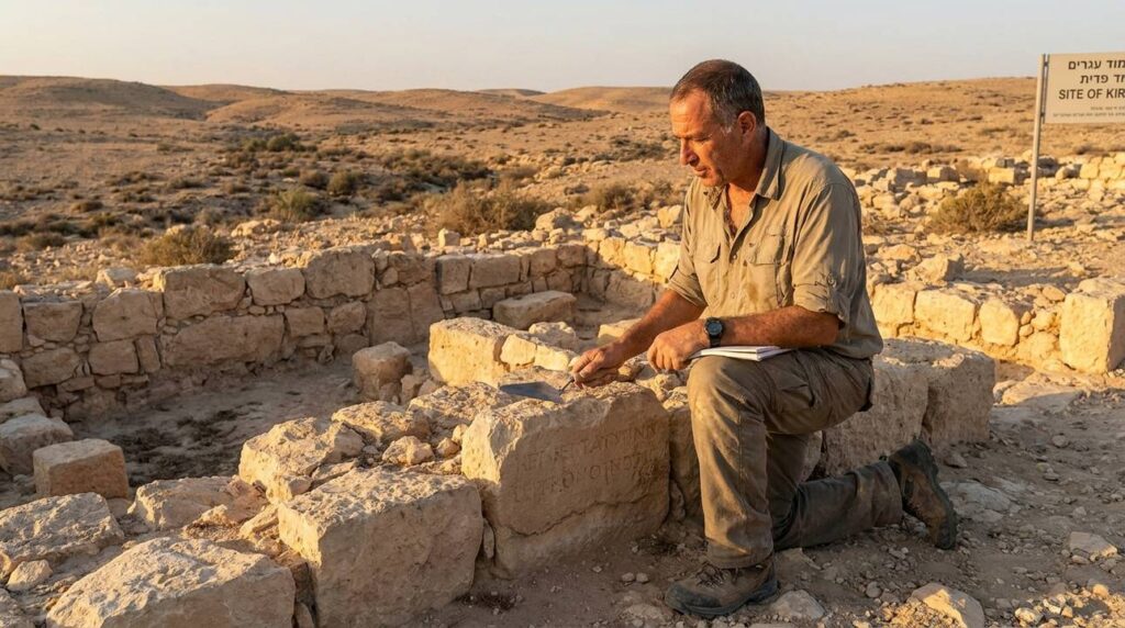 Israeli archaeologist examines ancient ruins in desert under clear blue sky.